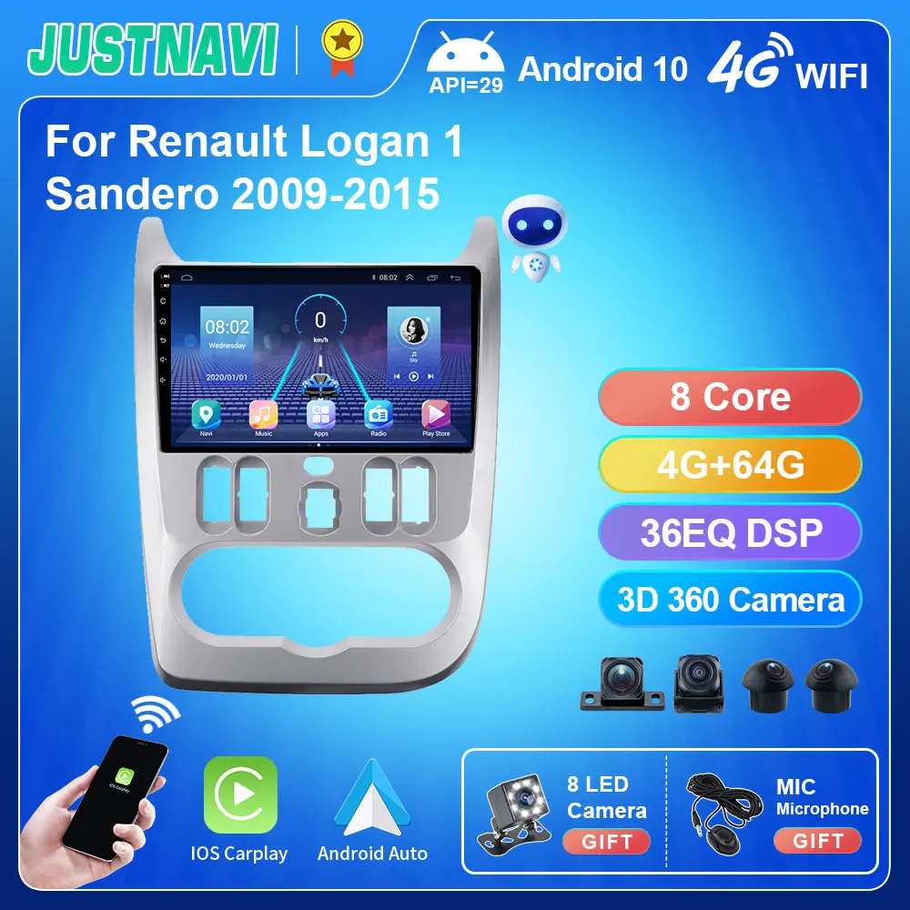 Автомагнитола JUSTNAVI QT5 Android 10 0 2 din для Renault Logan 1 Sandero Dacia Duster 2009-2015 Carplay 4G GPS |