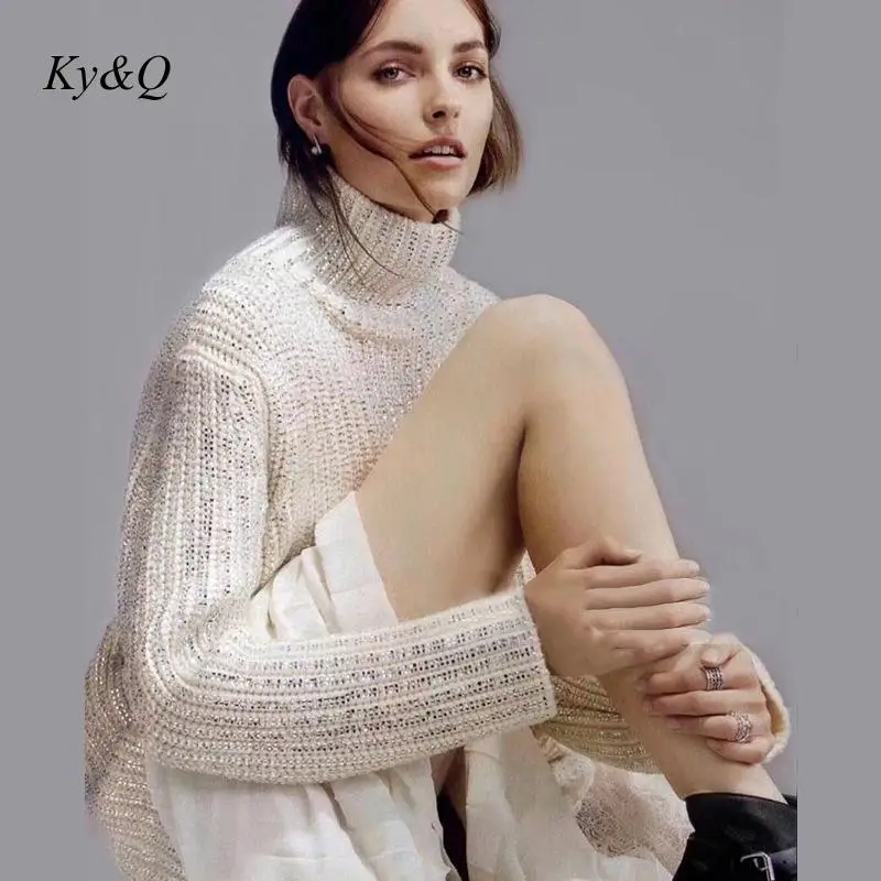 High Quality 2020 Winter Turtleneck Women White Sweater Beading Diamond-studded Shiny High-neck Warm Pullover Clothes New | Женская