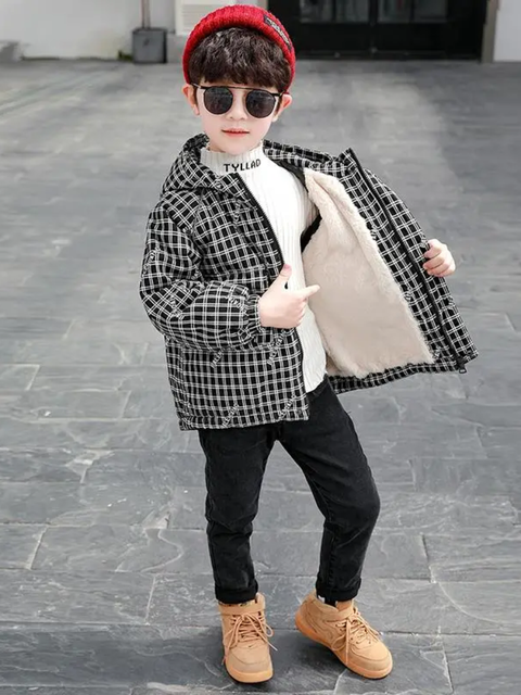2-7 Years boy Children's Outwear Tops Coat Boys Baby Plush Thickening Hooded Cotton Black Lattice Jacket For Kids Clothes