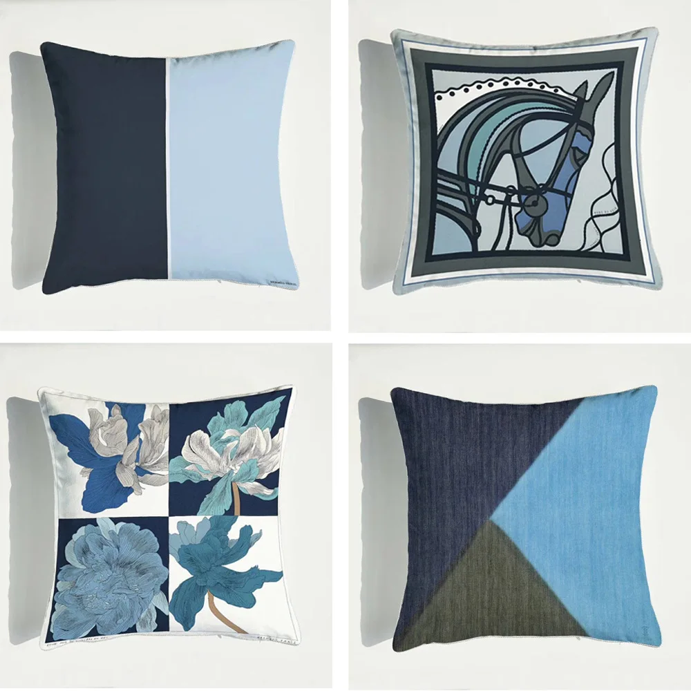 

Modern Fashion Blue Series Pillowcase Soft Two-sided Flower Geometry Print Velvet Pillow Cover European Bedside Sofa Decor