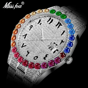 

Dropshipping MISSFOX Arabic Alphabet Watch Men Rainbow Datejust AAA Quartz Watch Men Diamond Graduation Bezel Icd Male Watch New