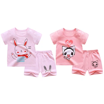 

Kid Baby Girl Clothes ToddlerShort Sleeve Tops Shirt Cartoon Cat Rabbit Short Pants Outfit Clothes Set 0-6Y