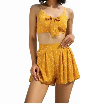 

2 Two Piece Set Women Printing T-Shirt Sleeveless Tops Blouse Dress bow tie short sets for women robe femme 2.19