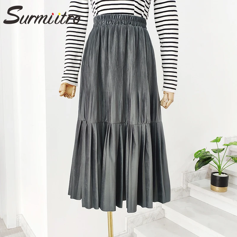 Женская длинная бархатная юбка SURMIITRO, хаки черного и белого цветов, плиссированная юбка с завышенной талией в корейском стиле для женщин осень зима