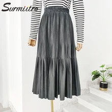 Женская длинная бархатная юбка SURMIITRO, хаки черного и белого цветов, плиссированная юбка с завышенной талией в корейском стиле для женщин осень зима