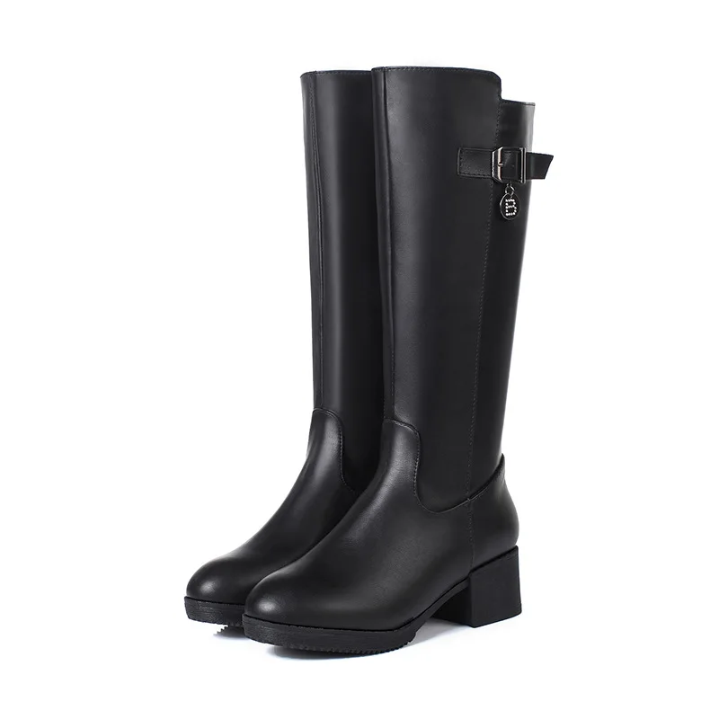 

Tube Semi-high Heeled Boots Waterproof Platform Chunky-Heel plus Velvet Boots Leather Boot Warm Anti-slip round-Toe WOMEN'S Sh
