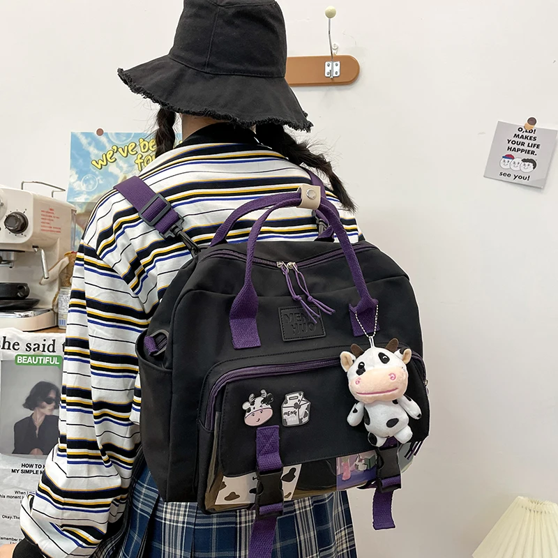 Women Cute Cow Backpack Female Student College Schoolbag Girl Badge Multifunctional Backpacks Kawaii Ladies Waterproof Nylon Bag