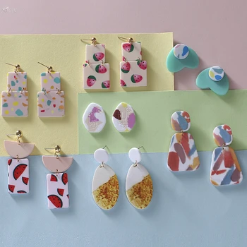 

AOMU 2020 Korea Summer Colorful Printed Fruit Watermelon Geometric Square Heart Earrings For Women Party Jewelry