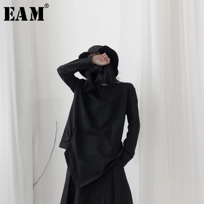 [EAM] женская черная плиссированная Асимметричная футболка с разрезом, новая модная футболка с круглым вырезом и длинным рукавом, весна-осень 19A-a599