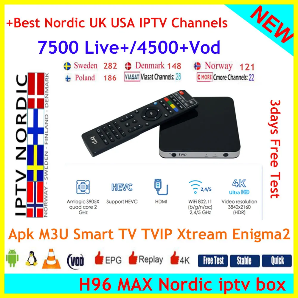 

2019 new arrival TVIP605 Android 6.0 S905X 5G Wifi Double Systerm best Scandinavian IPTV Nordic Sweden Norway Finland Denmark UK