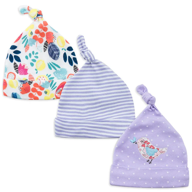 3 шт./лот маленьких Шапки хлопок печатных детские Головные уборы для женщин для 0-6 месяцев новорожденных аксессуары для малышей kf268 - Цвет: purple bird