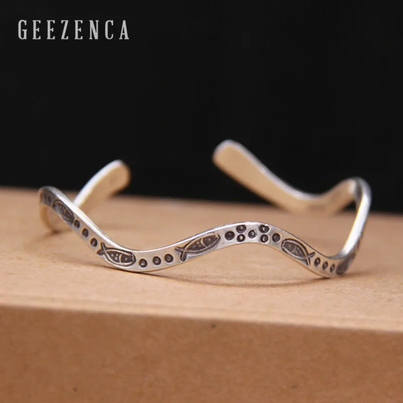

925 Sterling Silver Thai Handmade Craft Fish Wave-shaped Open Bangles Vintage Ethnic Bracelet Bangles Fine Jewelry for Women