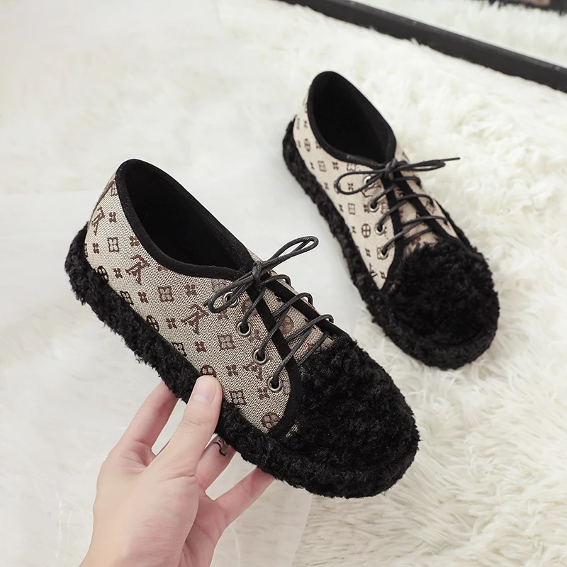 

High Quality Autumn Shoes Woman Flat Shoes Black Fur Plush Loafers Shoes Women Casual Lace Up Shoes Zapatos Mujers