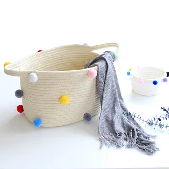 

Large Cotton Rope Woven Foldable Hamper with Pompom Dirty Clothes Storage Basket Bin Debris Storage Bucket Home Organizer