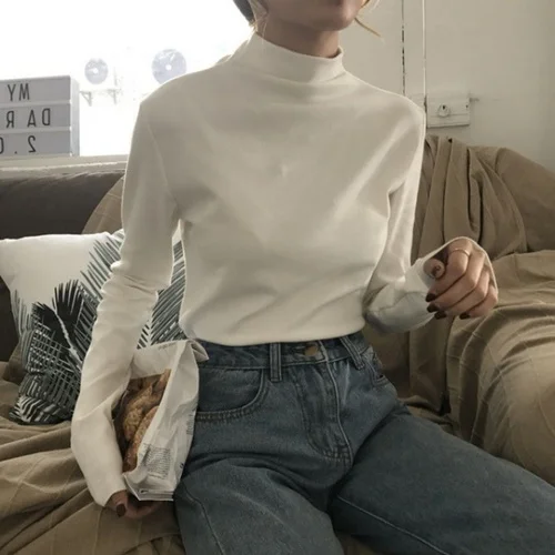 White plus velvet Водолазка джемпер женский осень и зима дикий тонкий белый Западный черный длинный рукав футболка - Цвет: White plus velvet