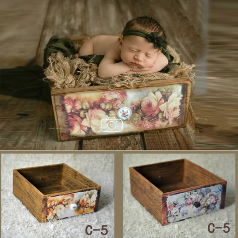 Newborn Photography Props Retro Wooden Box Vintage Print Flower Drawers Baby Shoot Container Studio New Accessories Baby Bed