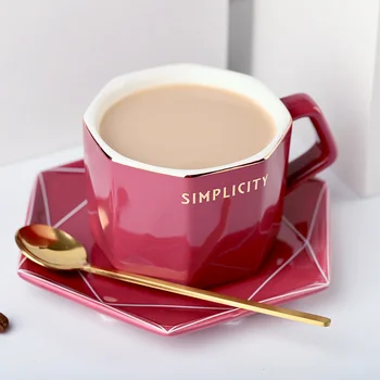 

European Ceramic Coffee Cup Set Simple Creative Gold Rim with Spoon Reusable Cup Solid Color Couple Taza Cafe Home Garden BE50CP