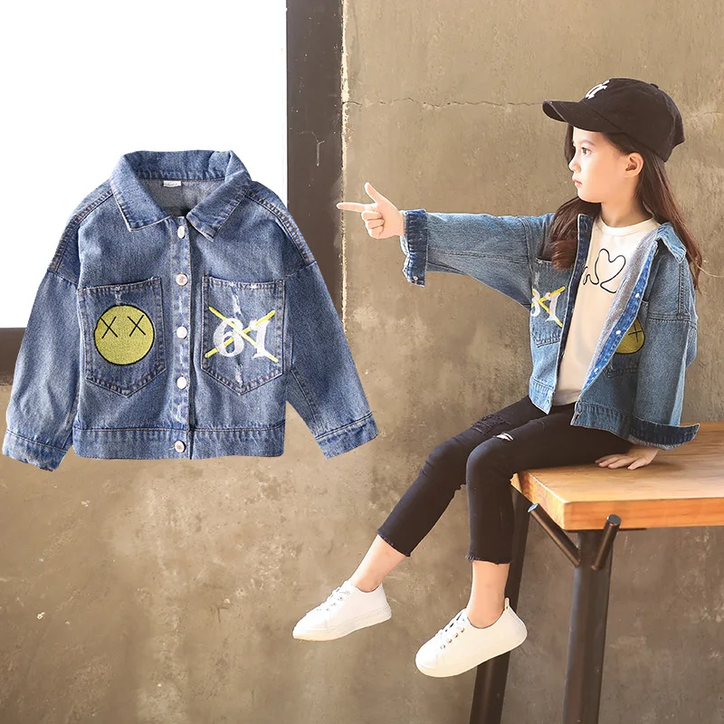 

2019 Autumn Children Korean-style Loose Cowboy Clothing Coat Girls Embroidered with Holes Jeans Cardigan