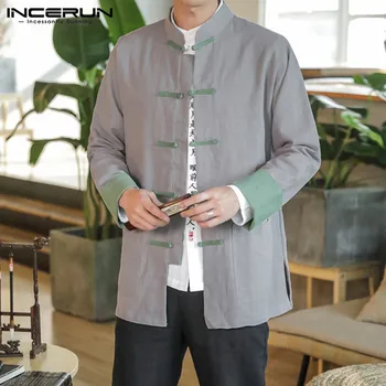 

Casual Shirt Men Cotton Button High Quality 2020 Patchwork Tang Suit Tops Vintage Long Sleeve Chinese Traditional Shirts INCERUN