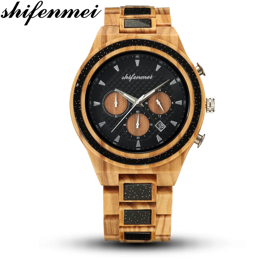 

Shifenmei Mens Watches Wooden Watch Date Display Casual Men Luxury Wood Clock Chronograph Sports Military Quartz Watches in Wood