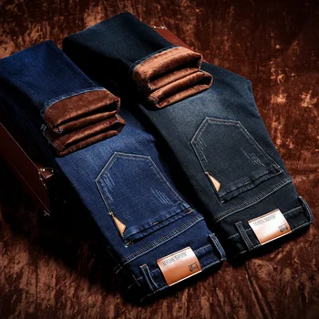 

2019 Winter New Men's Jeans Thicken Fleece Warm Jeans Stretch Regular Straight Elasticity Trousers Black Blue Big Size 42