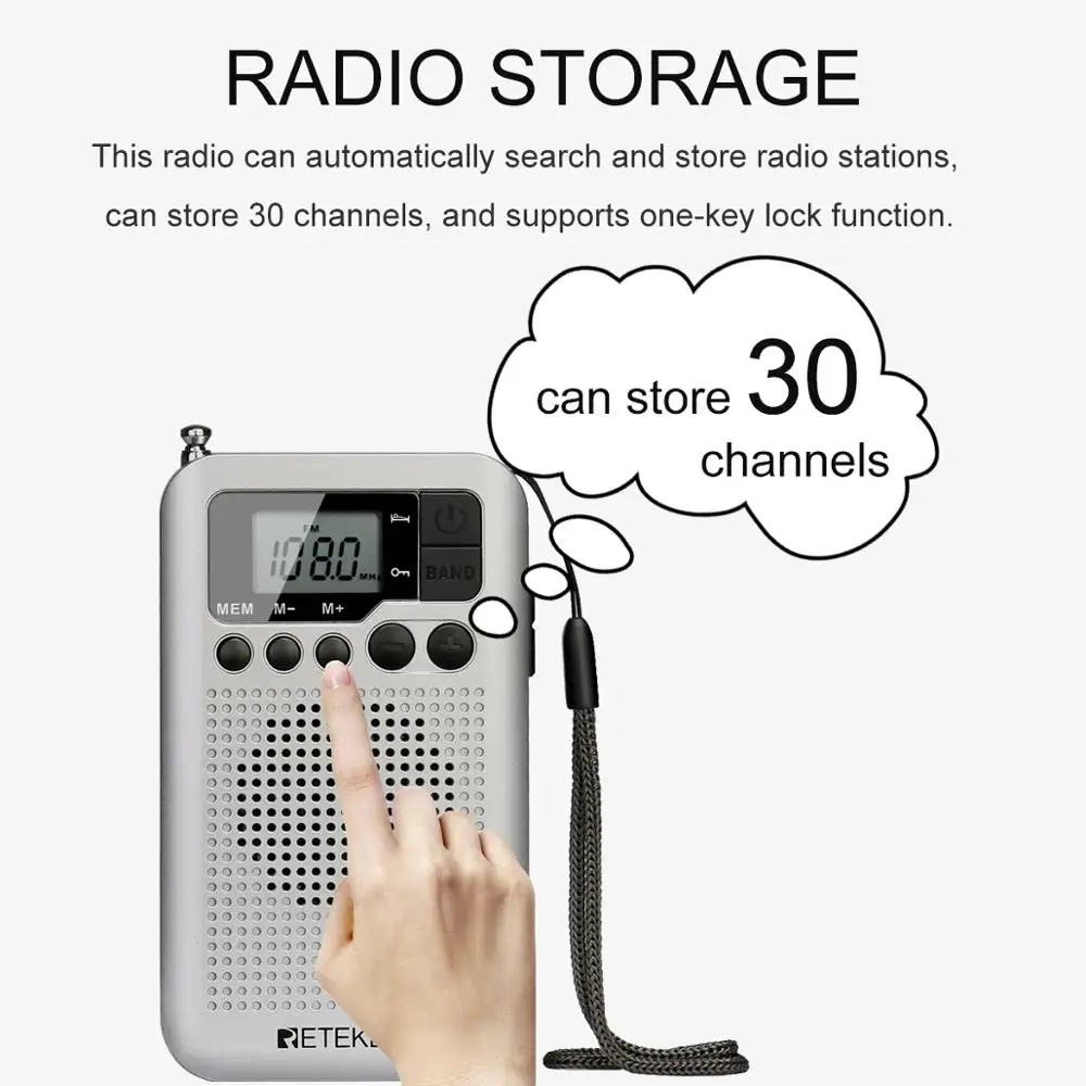 Retekess TR106 Silver Portable FM AM Radio with LCD Display Digital Tuning Speaker Headphone Jack and Support Clock Function