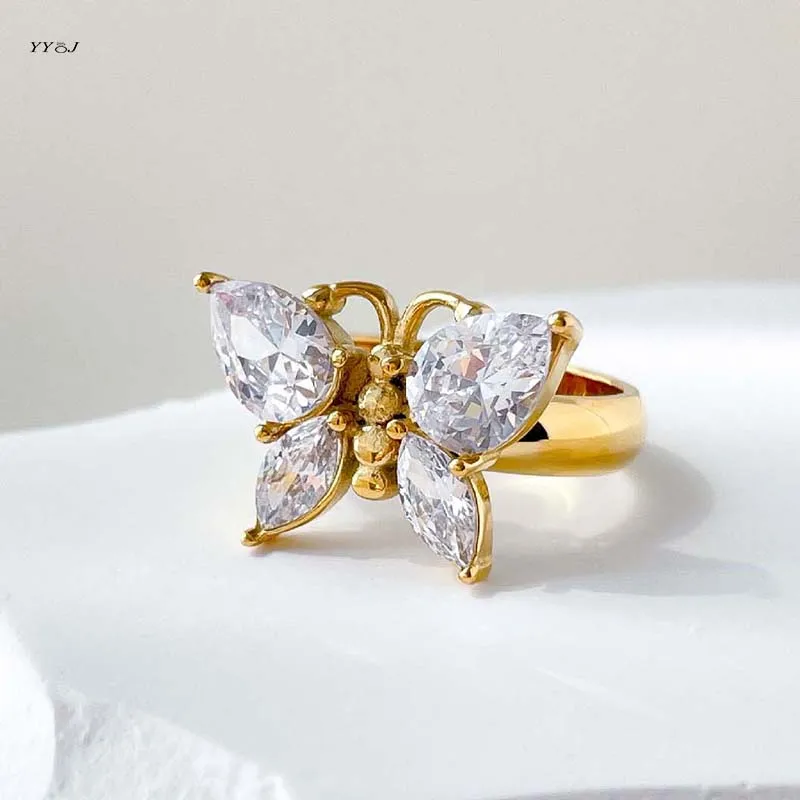 Cz stone butterfly rings for women stainless steel cocktail rings funny funky jewelry tarnish
