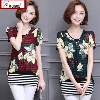 

2020 Striped Tunic Faux Two Pic Womens Fashion European Fnioevdrs Design Short Sleeve Summer Tunic Floral Peplum Top Blouse A816