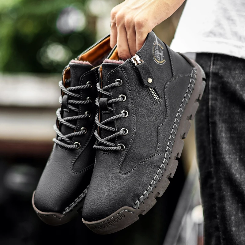 Classic Mens Winter Boots Warm Fur Motorcycle Boots Designer Work Men Motorcycle Boots Outdoor Platform Leather Men Calf Boots