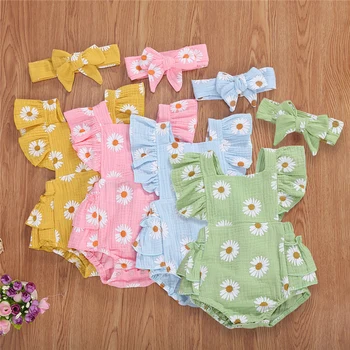 

2020 Baby Girls Flower Print Linen Ruffled Sleeveless Romper with Headaband Infant Summer Cotton Baby Clothes