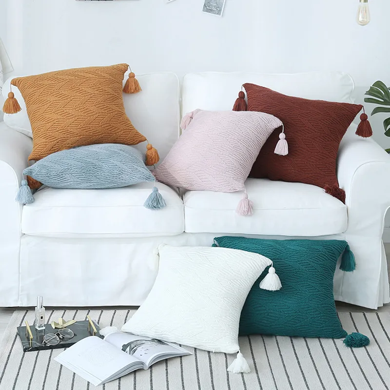 

Cotton Knitted Cushion Cover Decorative White Yellow Pink Blue Green Pillow Cover with Tassels Home Sofa Bed Living Room 45x45cm