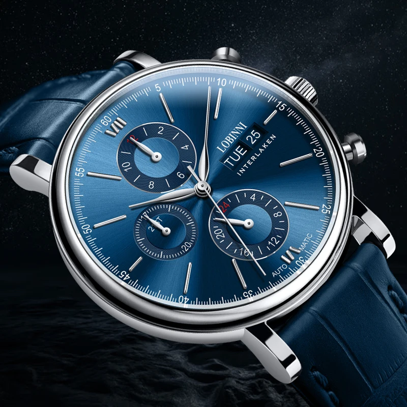 Skup LOBINNI luksusowy mechaniczny zegarek przekładniowy prezent dla mężczyzny mewa ruch automatyczny czarny własny nawijacz szafirowy zegarek marki mężczyźni metalowa ramka