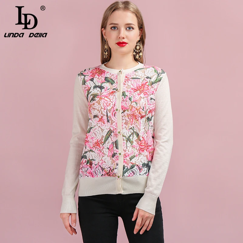 

LD LINDA DELLA Runway Fashion Autumn Knitting Cardigans Women's Long Sleeve Lace Splice Floral Printed Casual Lady Wool Sweaters