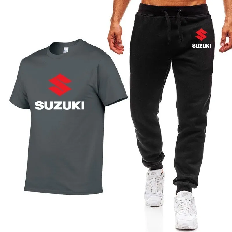 Популярные летние мужские футболки с логотипом SUZUKI, Повседневная хлопковая футболка с коротким рукавом высокого качества, штаны, мужская одежда
