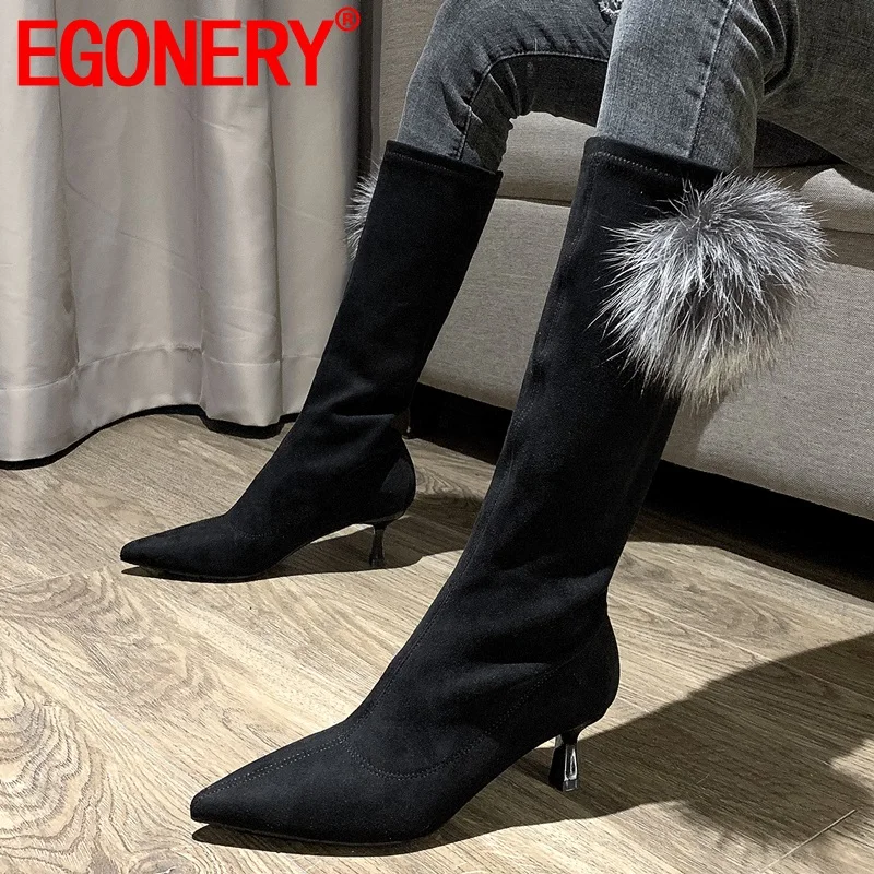 

EGONERY winter newest fashion knee high boots outside warm high heels pointed toe flock women shoes drop shipping size 34-39