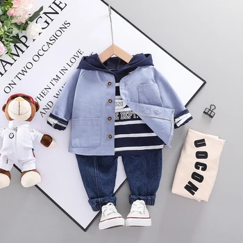 

Toddler Infant Clothing Sets 2020 Spring Baby Boys Casual Clothes Stripe Hooded T Shirt Coats Jeans 3-piece Set