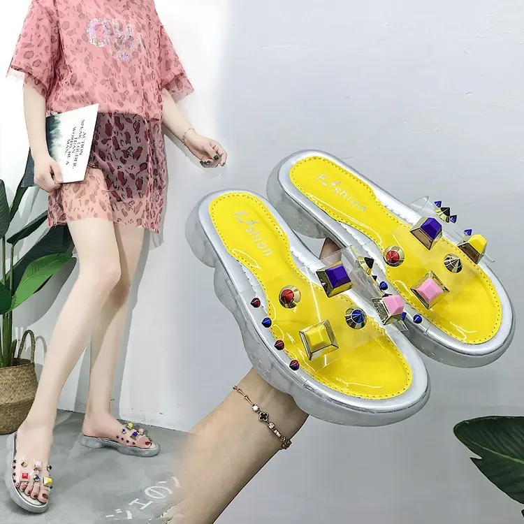 

2019 Summer New Style Korean-style Versatile Mixed Colors Transparent Sling Color Rivet A- line Thick Bottomed Slippers Shoe Fac