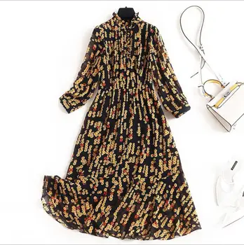 

Spring 2020 for European and American women's wear Nine-point sleeve stand collar Printed fashion dress