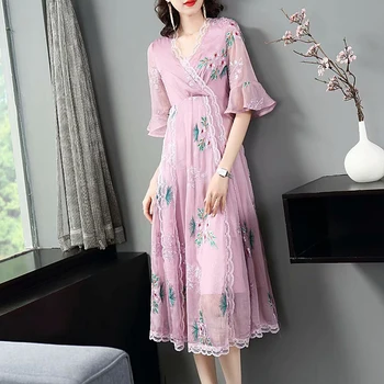 

Runway High Quality 2020 Summer New Women'S Party Elegant Chic Gentlewoman Waist Elastic Band Lace Embroidery Chiffon Midi Dress