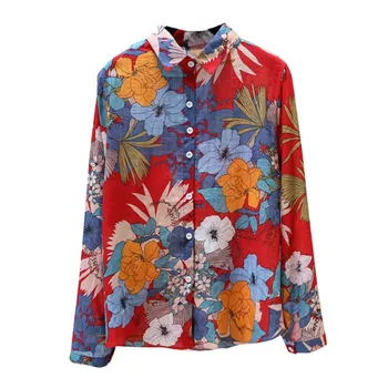 

Women Vintage Cartoon Flower Print Lapel Shirt Loose Single-breasted Long Sleeve Shirts