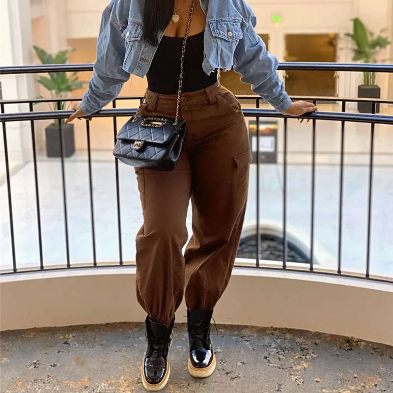 

Women Cargo Pants Outdoor Solid Color High Waist Button Fly Ankle Length Pants Casual Workout Regular Pockets Jogger Pants