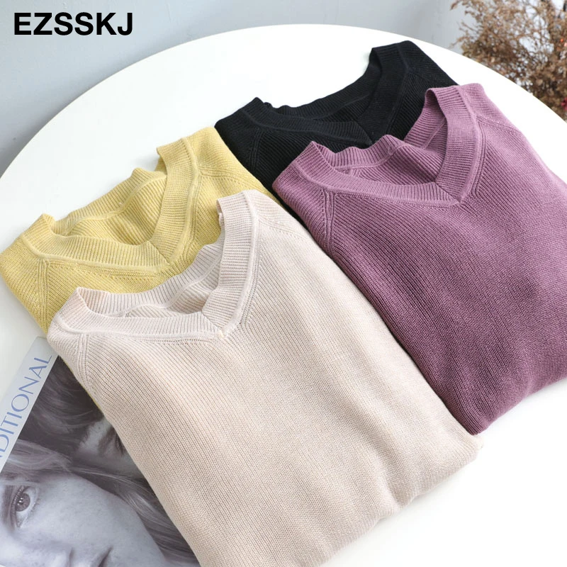 long oversize v-neck Sweater Women Pullover Casual Long Sleeve chic loose 2020 knit Female Jumpers | Женская одежда