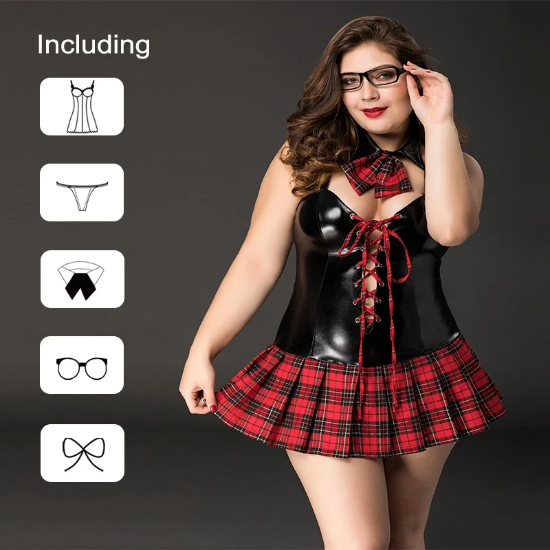 plus size women cosplay sexy cutout tights role costumes hot pu leather lingerie disfraces sexy outfit plaid skirt