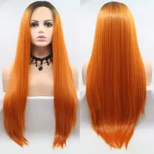 Темные корни Омбре оранжевый длинный прямой синтетический 13*3 парик фронта шнурка термостойкие волокна волос средний пробор для женщин Девушка Парики