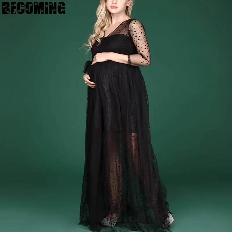 

Pregnant Women Lace Dresses Photography Props Fancy Maternity Photo Shoot Long Black Dress Clothes 1685998
