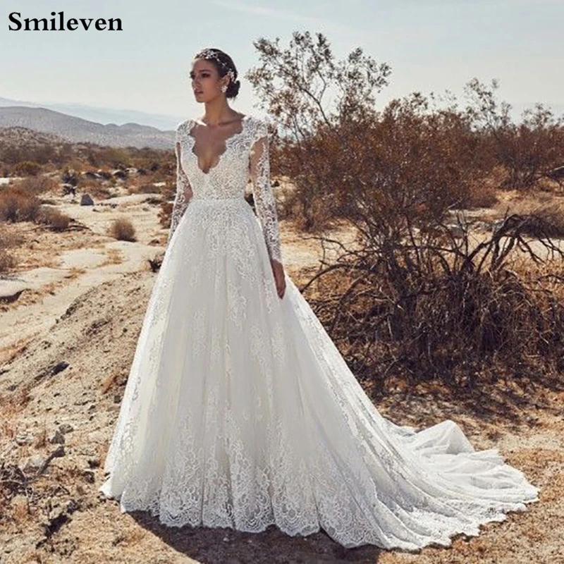 Smileven V Neck Princess Wedding dress Long Sleeve A Line Lace Bride Dresses Vestido De Noiva Boho Wedding Bride Gowns