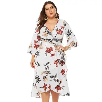 

Big Size Boho Dress Female 2020 Summer Oversized Floral Dress Women V-neck Plus Size Dress Ladies Flower Party Dress For Women