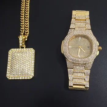

Luxury Men Gold Color Watch & Necklace Combo Set Ice Out Cuban Watch Hip Hop Jewelry Stylish Watch Bling Rapper Hip Hop For Men