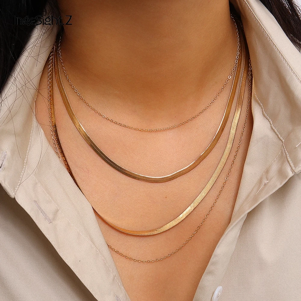 Chain Choker Necklaces Collar Snake-Link Women Jewelry Multi-Layered Gold-Color Flat