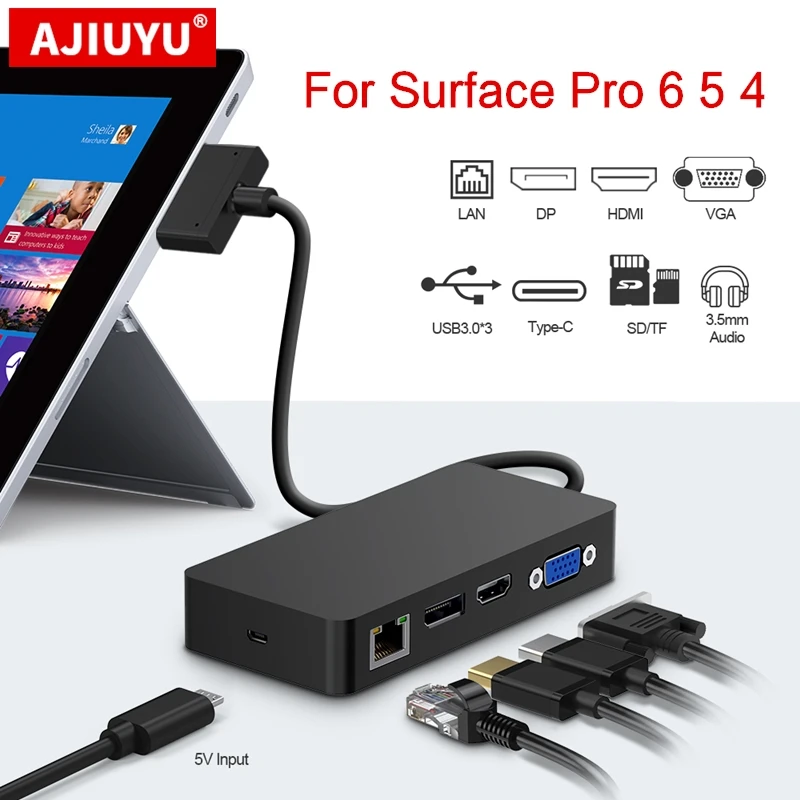 

AJIUYU USB 3.0 HUB For Microsoft Surface Pro 4 5 6 HDMI 4K DP VGA Audio Gigabit Ethernet adapter RJ45 SD/TF DocKing base Dock PC